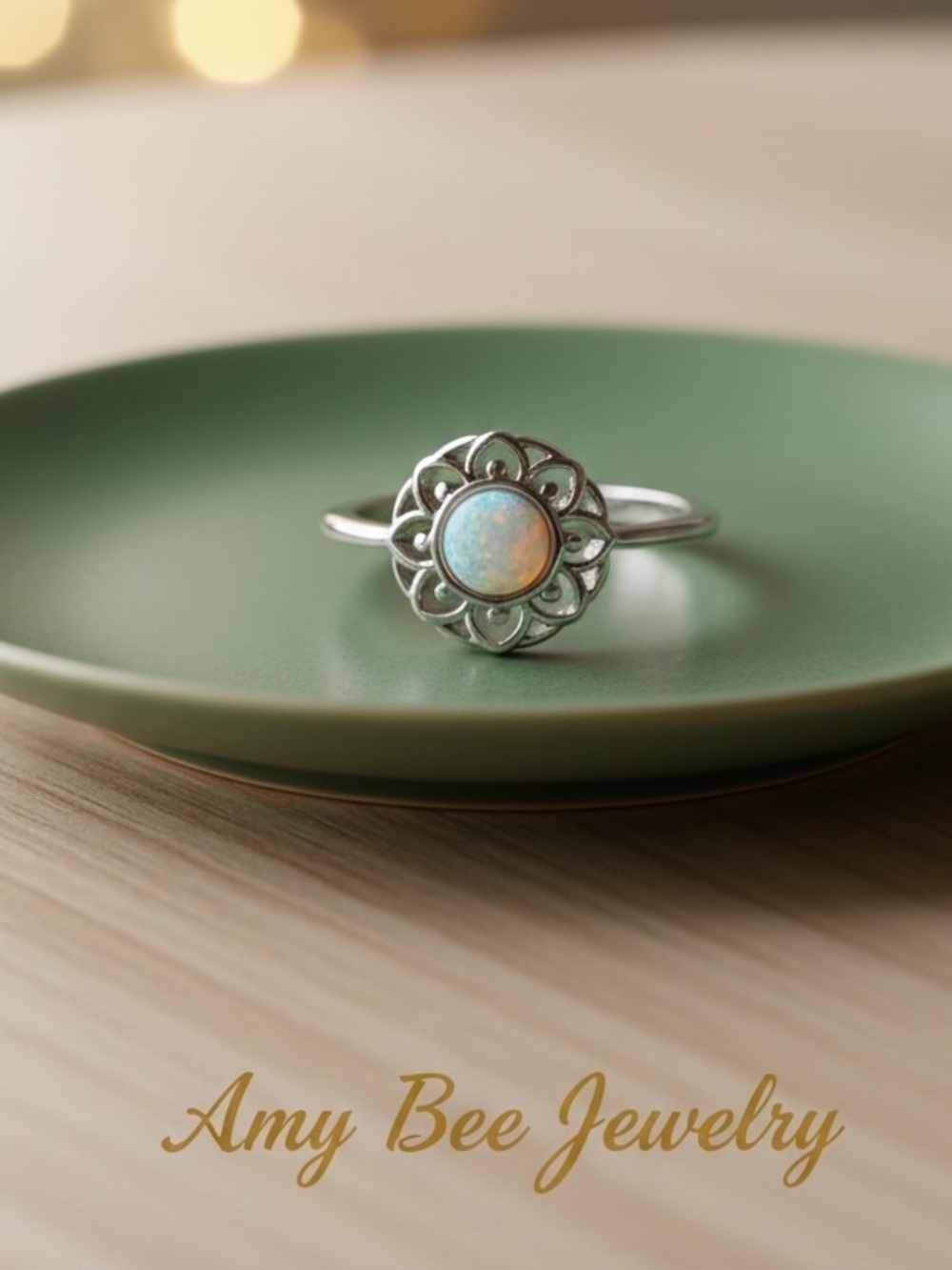 White Gold Plated Floral Halo Ring with Opal Center. New.